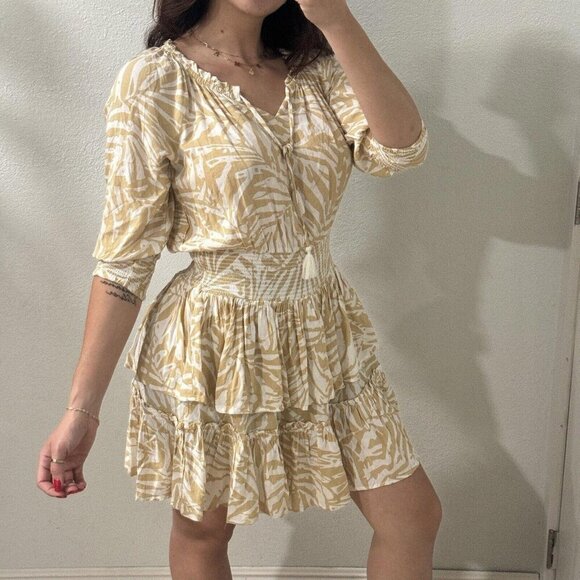 Patrons of Peace June Print Dress Ruffle Tiered 3/4 sleeves beige white Large L - Picture 1 of 12